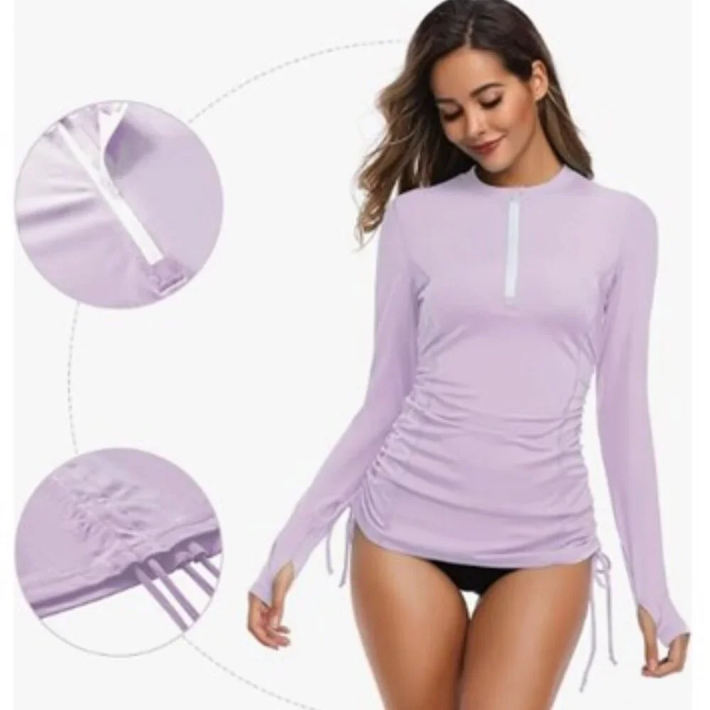 Women's Long Sleeve UV Sun Protection Rash Guard Side Adjustable Swimsuit Top